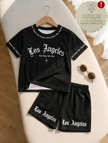 男嬰純黑色哥德字母十字印花圓領短袖T恤與短褲2件套 夏季休閒嘻哈套裝 - 彩色 - 查看 3
