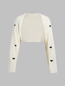 SHEIN Teen Girl Teen Girls Cropped Heart Embroidery Casual Light Weight Autumn Cardigan, Versatile, Back To School - White - View 3