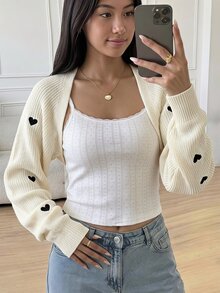 SHEIN Teen Girl Teen Girls Cropped Heart Embroidery Casual Light Weight Autumn Cardigan, Versatile, Back To School - White - View 2