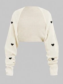 SHEIN Teen Girl Teen Girls Cropped Heart Embroidery Casual Light Weight Autumn Cardigan, Versatile, Back To School - White - View 1