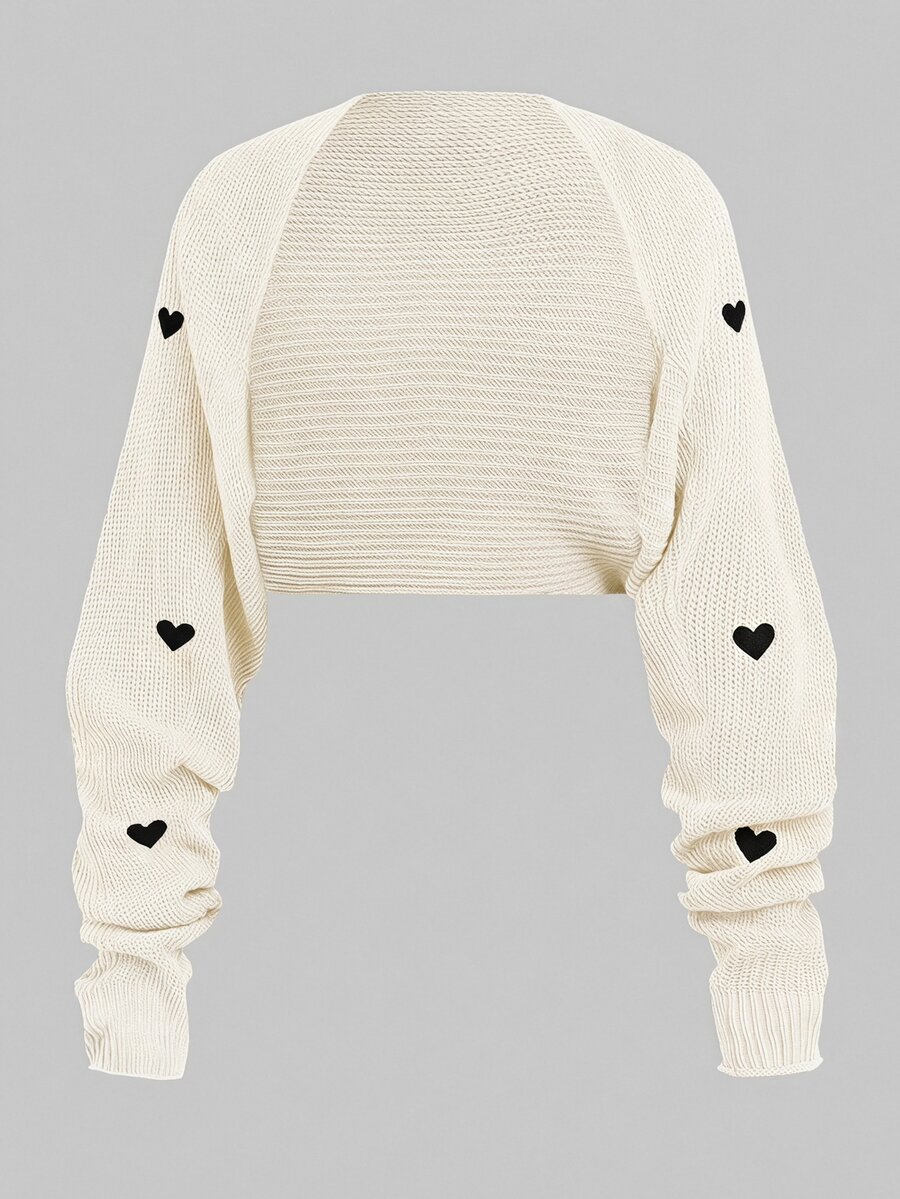 SHEIN Teen Girl Teen Girls Cropped Heart Embroidery Casual Light Weight Autumn Cardigan, Versatile, Back To School - White - View 1