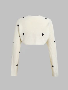 SHEIN Teen Girl Teen Girls Cropped Heart Embroidery Casual Light Weight Autumn Cardigan, Versatile, Back To School - White - View 4
