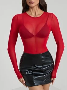 SHEIN Tall 透視網紗連身衣（不含內衣） - 酒紅色 - 查看 5