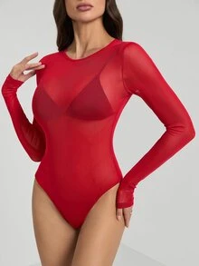 SHEIN Tall 透視網紗連身衣（不含內衣） - 酒紅色 - 查看 4