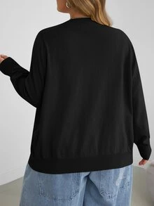 SHEIN CURVE+ 大尺碼女款休閒純色圓領長袖寬鬆剪裁冬季上衣 - 黑色 - 查看 2