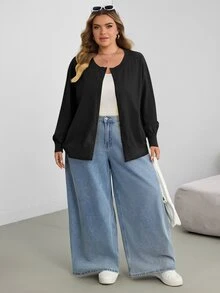 SHEIN CURVE+ 大尺碼女款休閒純色圓領長袖寬鬆剪裁冬季上衣 - 黑色 - 查看 8