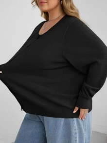 SHEIN CURVE+ 大尺碼女款休閒純色圓領長袖寬鬆剪裁冬季上衣 - 黑色 - 查看 7