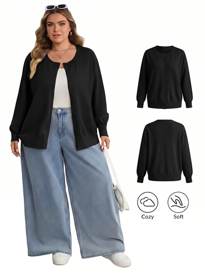 SHEIN CURVE+ Plus Size Casual Solid Color Round Neck Long Sleeved Loose Cut Women's Winter