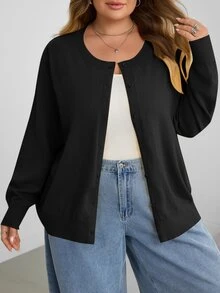 SHEIN CURVE+ 大尺碼女款休閒純色圓領長袖寬鬆剪裁冬季上衣 - 黑色 - 查看 4