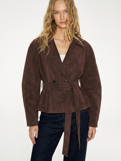ATUI Studio French Vintage Elegant High-End Long Sleeve Cinched Waist Jacket, Slimming Lapel Collar Solid Color Top, Gift For Wife Office Dark Brown Autumn