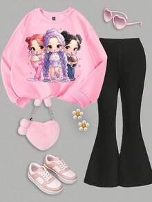 Young Girl Cartoon Print Long Sleeve Sweatshirt And Flare Pants Casual Set - Multicolor - View 4