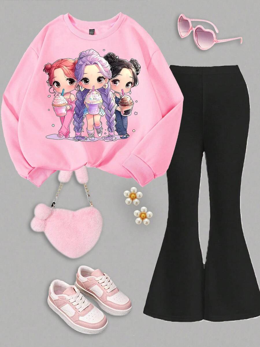 Young Girl Cartoon Print Long Sleeve Sweatshirt And Flare Pants Casual Set - Multicolor - View 1