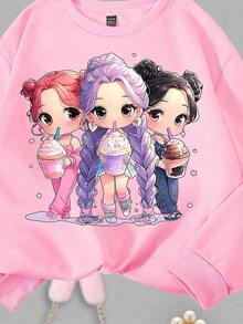 Young Girl Cartoon Print Long Sleeve Sweatshirt And Flare Pants Casual Set - Multicolor - View 3