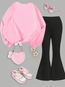 Young Girl Cartoon Print Long Sleeve Sweatshirt And Flare Pants Casual Set - Multicolor - View 2