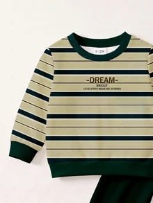 SHEIN Setelan Baju Bayi Laki-laki Motif Garis-garis Krem dengan Tulisan Huruf, Potongan Longgar, Minimalis, Lengan Panjang dan Celana, Pakaian Sekolah Musim Gugur/Musim Dingin untuk Bayi Laki-laki, 1 Set Acak - MultiWarna - View 4