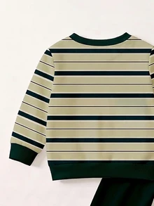 SHEIN Setelan Baju Bayi Laki-laki Motif Garis-garis Krem dengan Tulisan Huruf, Potongan Longgar, Minimalis, Lengan Panjang dan Celana, Pakaian Sekolah Musim Gugur/Musim Dingin untuk Bayi Laki-laki, 1 Set Acak - MultiWarna - View 6