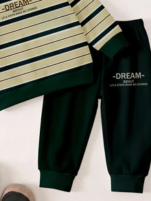 SHEIN Setelan Baju Bayi Laki-laki Motif Garis-garis Krem dengan Tulisan Huruf, Potongan Longgar, Minimalis, Lengan Panjang dan Celana, Pakaian Sekolah Musim Gugur/Musim Dingin untuk Bayi Laki-laki, 1 Set Acak - MultiWarna - View 5