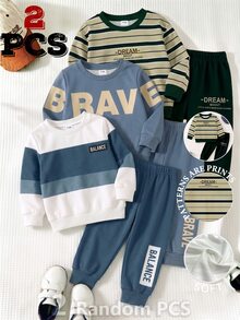 SHEIN Setelan Baju Bayi Laki-laki Motif Garis-garis Krem dengan Tulisan Huruf, Potongan Longgar, Minimalis, Lengan Panjang dan Celana, Pakaian Sekolah Musim Gugur/Musim Dingin untuk Bayi Laki-laki, 1 Set Acak - MultiWarna - View 1
