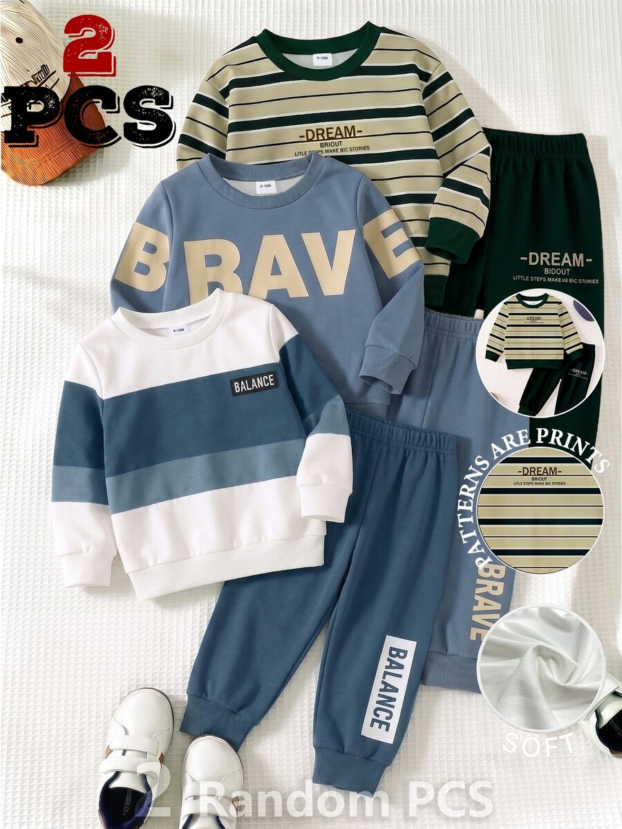 SHEIN Setelan Baju Bayi Laki-laki Motif Garis-garis Krem dengan Tulisan Huruf, Potongan Longgar, Minimalis, Lengan Panjang dan Celana, Pakaian Sekolah Musim Gugur/Musim Dingin untuk Bayi Laki-laki, 1 Set Acak - MultiWarna - View 1