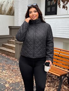 Muchica Women's Plus-Size Casual Short Winter Padded Jacket With Stand Collar, Long Sleeves, And Front Zipper - Black - View 3