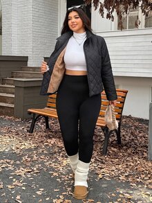 Muchica Women's Plus-Size Casual Short Winter Padded Jacket With Stand Collar, Long Sleeves, And Front Zipper - Black - View 5