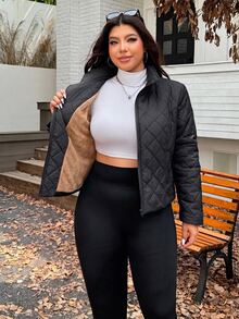 Muchica Women's Plus-Size Casual Short Winter Padded Jacket With Stand Collar, Long Sleeves, And Front Zipper - Black - View 6