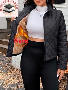 Muchica Women's Plus-Size Casual Short Winter Padded Jacket With Stand Collar, Long Sleeves, And Front Zipper - Black - View 1