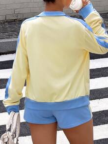 Muchica Plus Size Striped Colorblock Long Sleeve Sweatshirt And Drawstring Waist Shorts 2 Pieces Set - Multicolor - View 2