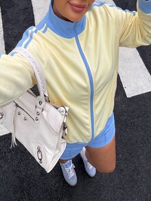 Muchica Plus Size Striped Colorblock Long Sleeve Sweatshirt And Drawstring Waist Shorts 2 Pieces Set - Multicolor - View 3