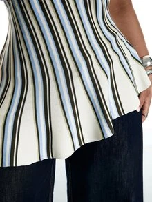 LYSMO Atasan Rajut Ukuran Besar Warna Putih dengan Blok Warna, Bahu Asimetris, dan Hem Berkerut, Cocok untuk Acara Formal Malam Hari, Kencan, Musim Panas, dan Jalan-jalan Elegan. - MultiWarna - View 5