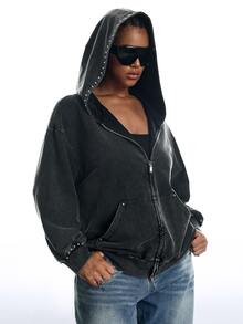 LYSMO Plus Zip Up Drop Shoulder Hooded Coat Grey Autumn Airport Night Out Cocktail Formal Teacher Casual Streetwear Anti Social Goth - Black - View 3