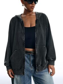 LYSMO Plus Zip Up Drop Shoulder Hooded Coat Grey Autumn Airport Night Out Cocktail Formal Teacher Casual Streetwear Anti Social Goth - Black - View 5