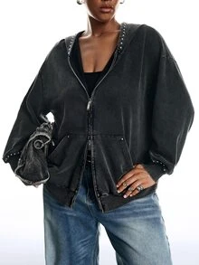 LYSMO Plus Zip Up Drop Shoulder Hooded Coat Grey Autumn Airport Night Out Cocktail Formal Teacher Casual Streetwear Anti Social Goth - Black - View 2