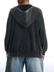 LYSMO Plus Zip Up Drop Shoulder Hooded Coat Grey Autumn Airport Night Out Cocktail Formal Teacher Casual Streetwear Anti Social Goth - Black - View 6