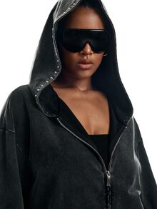 LYSMO Plus Zip Up Drop Shoulder Hooded Coat Grey Autumn Airport Night Out Cocktail Formal Teacher Casual Streetwear Anti Social Goth - Black - View 8