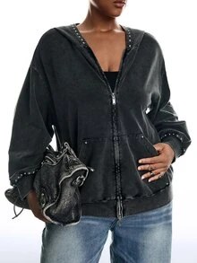 LYSMO Plus Zip Up Drop Shoulder Hooded Coat Grey Autumn Airport Night Out Cocktail Formal Teacher Casual Streetwear Anti Social Goth - Black - View 4