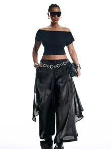 LYSMO Plus Size Women Solid Color Asymmetrical Design Wide Leg Loose Fit Long Pants Halloween Clubbing Rave Cocktail Date Night Black Autumn Sexy Fall - Black - View 4