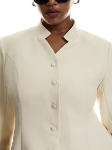 LYSMO Plus Size Fashion Elegant Commuter Solid Color Cinched Waist Jacket Fall - Beige - View 4