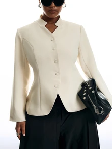 LYSMO Plus Size Fashion Elegant Commuter Solid Color Cinched Waist Jacket Fall - Beige - View 6