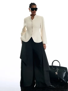 LYSMO Plus Size Fashion Elegant Commuter Solid Color Cinched Waist Jacket Fall - Beige - View 5