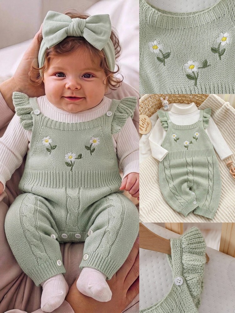 SHEIN Light Green Bean Paste Green Ruffle Trim Sweater Romper, Exquisite White Floral Embroidered Jumpsuit, Infant Toddler Sweater Jumpsuit, Fashionable Sweet Outfit, Suitable For Outings, Vacations, School, Play, Rest, Picnics, Toddlers - Green - View 1