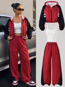 SHEIN Teen Girls T-Shirt Co-Ords, Teenager Black & Red Patchwork Label Set, Fall Winter, Casual, Pants, Neck, Sleeve, Round, Print, Outfit, Streetwear, Leg - Multicolor - View 1
