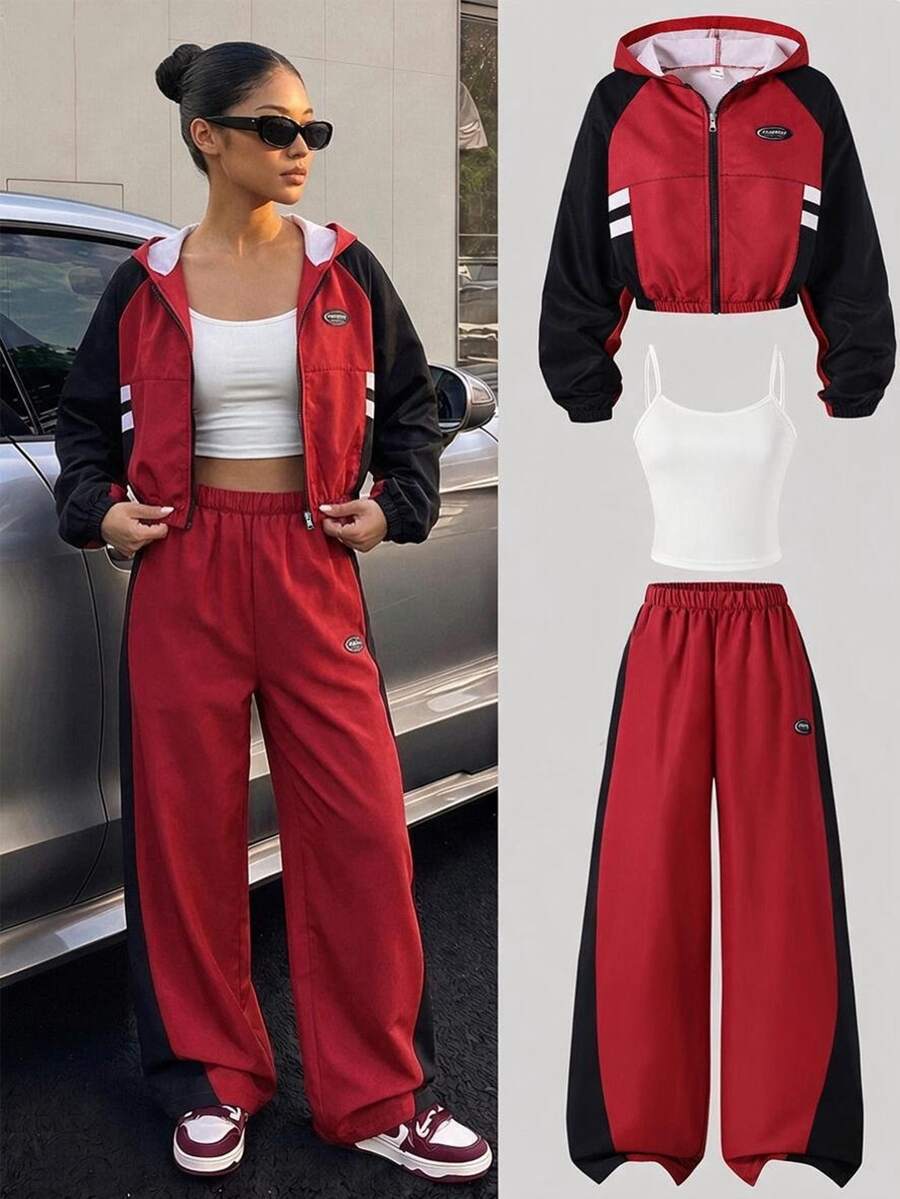 SHEIN Teen Girls T-Shirt Co-Ords, Teenager Black & Red Patchwork Label Set, Fall Winter, Casual, Pants, Neck, Sleeve, Round, Print, Outfit, Streetwear, Leg - Multicolor - View 1