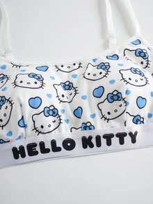 HELLO KITTY AND FRIENDS | SHEIN 女士可爱卡通印花撞色字母针织文胸和宽松内裤套装 - 藍白色 - 查看 4