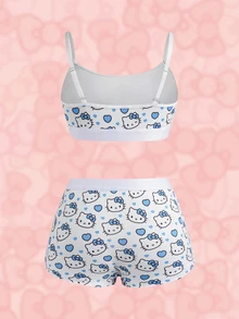 HELLO KITTY AND FRIENDS | SHEIN 女士可爱卡通印花撞色字母针织文胸和宽松内裤套装 - 藍白色 - 查看 2