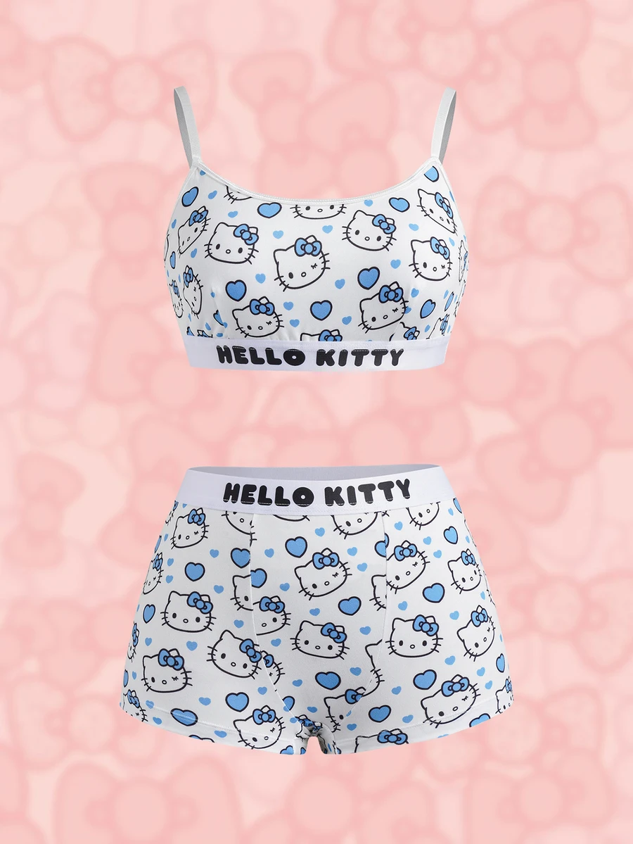HELLO KITTY AND FRIENDS | SHEIN 女士可爱卡通印花撞色字母针织文胸和宽松内裤套装 - 藍白色 - 查看 1