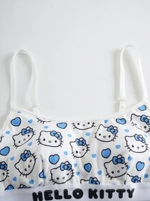 HELLO KITTY AND FRIENDS | SHEIN 女士可爱卡通印花撞色字母针织文胸和宽松内裤套装 - 藍白色 - 查看 3