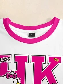 HELLO KITTY AND FRIENDS | SHEIN تي شيرت برسومات حروف وكارتون مع حواف متباينة - أبيض - مشاهدة 5