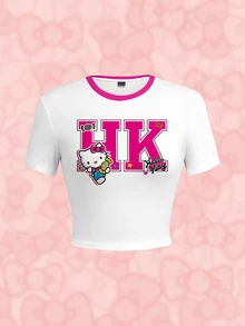 HELLO KITTY AND FRIENDS | SHEIN تي شيرت برسومات حروف وكارتون مع حواف متباينة - أبيض - مشاهدة 1