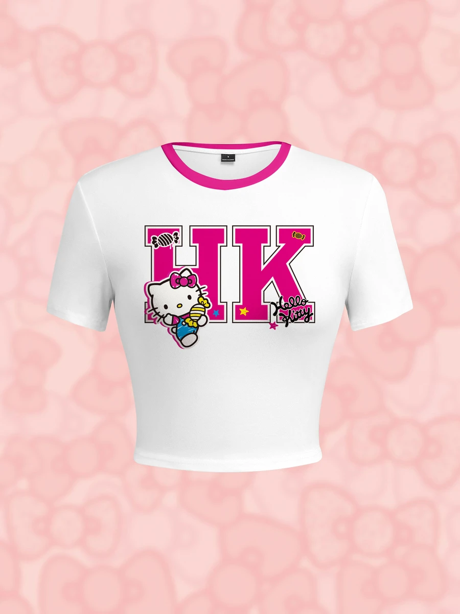 HELLO KITTY AND FRIENDS | SHEIN تي شيرت برسومات حروف وكارتون مع حواف متباينة - أبيض - مشاهدة 1